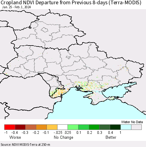 Ukraine, Moldova and Belarus Cropland NDVI Departure from Previous 8-days (Terra-MODIS) Thematic Map For 1/25/2024 - 2/1/2024