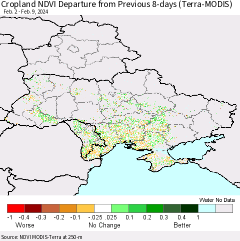 Ukraine, Moldova and Belarus Cropland NDVI Departure from Previous 8-days (Terra-MODIS) Thematic Map For 2/2/2024 - 2/9/2024