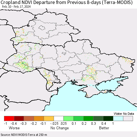 Ukraine, Moldova and Belarus Cropland NDVI Departure from Previous 8-days (Terra-MODIS) Thematic Map For 2/10/2024 - 2/17/2024