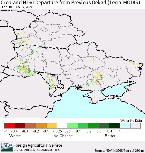 Ukraine, Moldova and Belarus Cropland NDVI Departure from Previous Dekad (Terra-MODIS) Thematic Map For 2/11/2024 - 2/20/2024