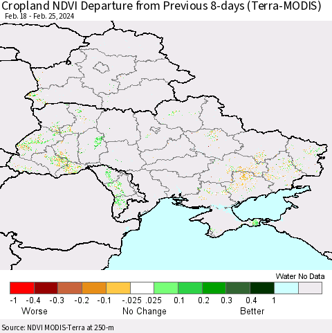Ukraine, Moldova and Belarus Cropland NDVI Departure from Previous 8-days (Terra-MODIS) Thematic Map For 2/18/2024 - 2/25/2024