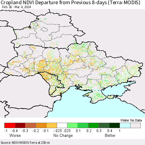 Ukraine, Moldova and Belarus Cropland NDVI Departure from Previous 8-days (Terra-MODIS) Thematic Map For 2/26/2024 - 3/4/2024