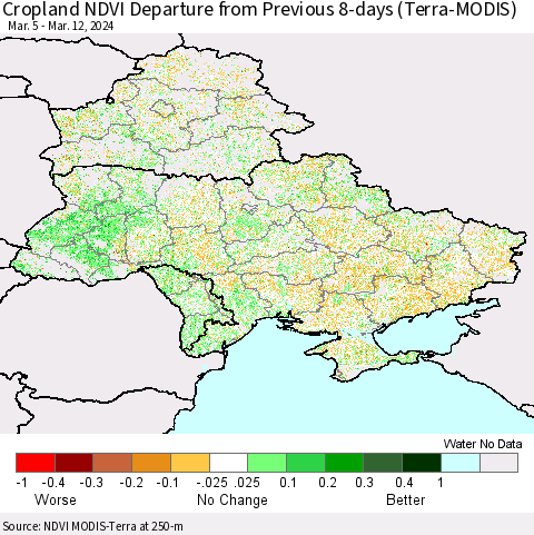 Ukraine, Moldova and Belarus Cropland NDVI Departure from Previous 8-days (Terra-MODIS) Thematic Map For 3/5/2024 - 3/12/2024