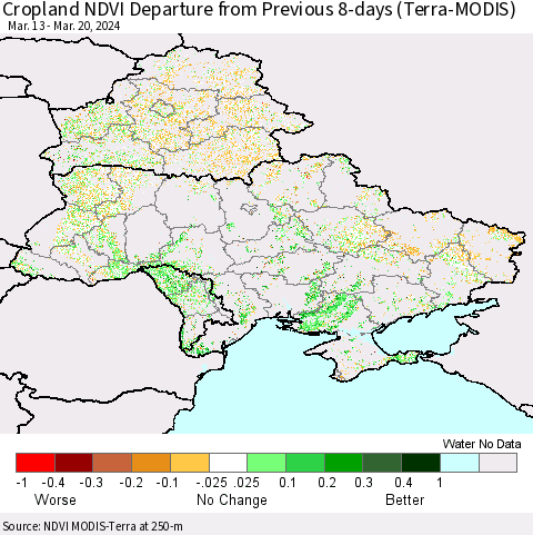 Ukraine, Moldova and Belarus Cropland NDVI Departure from Previous 8-days (Terra-MODIS) Thematic Map For 3/13/2024 - 3/20/2024