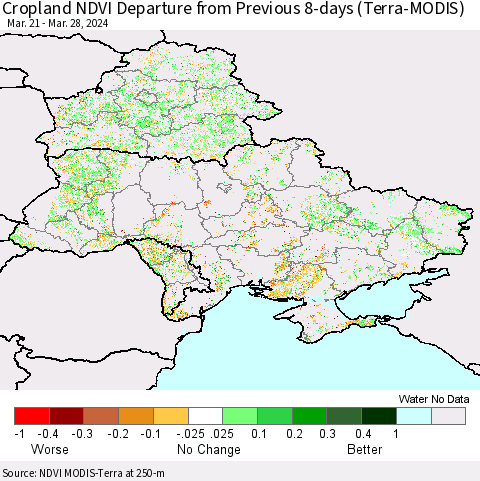 Ukraine, Moldova and Belarus Cropland NDVI Departure from Previous 8-days (Terra-MODIS) Thematic Map For 3/21/2024 - 3/28/2024