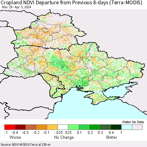 Ukraine, Moldova and Belarus Cropland NDVI Departure from Previous 8-days (Terra-MODIS) Thematic Map For 3/29/2024 - 4/5/2024