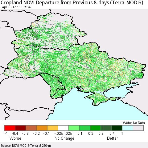 Ukraine, Moldova and Belarus Cropland NDVI Departure from Previous 8-days (Terra-MODIS) Thematic Map For 4/6/2024 - 4/13/2024