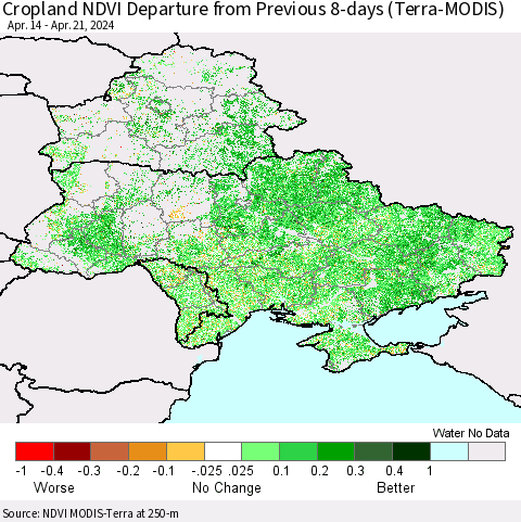 Ukraine, Moldova and Belarus Cropland NDVI Departure from Previous 8-days (Terra-MODIS) Thematic Map For 4/14/2024 - 4/21/2024