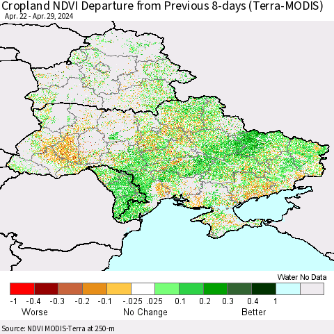 Ukraine, Moldova and Belarus Cropland NDVI Departure from Previous 8-days (Terra-MODIS) Thematic Map For 4/22/2024 - 4/29/2024