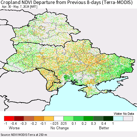 Ukraine, Moldova and Belarus Cropland NDVI Departure from Previous 8-days (Terra-MODIS) Thematic Map For 4/30/2024 - 5/7/2024
