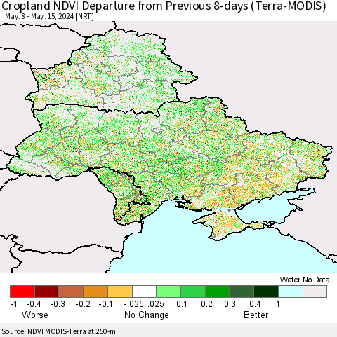 Ukraine, Moldova and Belarus Cropland NDVI Departure from Previous 8-days (Terra-MODIS) Thematic Map For 5/8/2024 - 5/15/2024