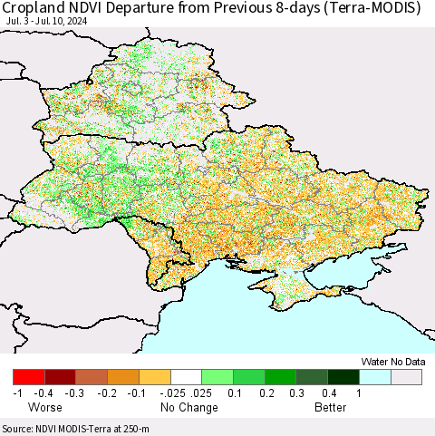Ukraine, Moldova and Belarus Cropland NDVI Departure from Previous 8-days (Terra-MODIS) Thematic Map For 7/3/2024 - 7/10/2024