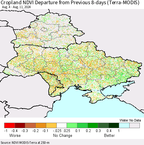 Ukraine, Moldova and Belarus Cropland NDVI Departure from Previous 8-days (Terra-MODIS) Thematic Map For 8/4/2024 - 8/11/2024