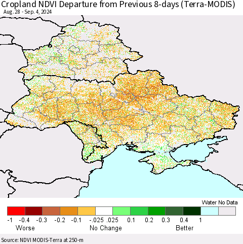 Ukraine, Moldova and Belarus Cropland NDVI Departure from Previous 8-days (Terra-MODIS) Thematic Map For 8/28/2024 - 9/4/2024