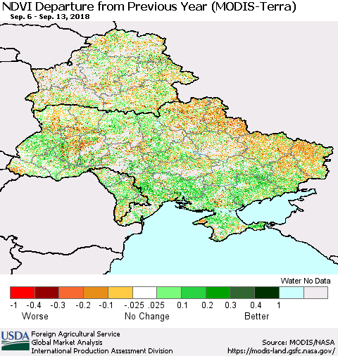 Ukraine, Moldova and Belarus NDVI Departure from Previous Year (Terra-MODIS) Thematic Map For 9/11/2018 - 9/20/2018