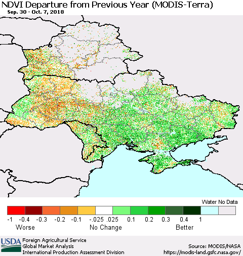 Ukraine, Moldova and Belarus NDVI Departure from Previous Year (Terra-MODIS) Thematic Map For 10/1/2018 - 10/10/2018