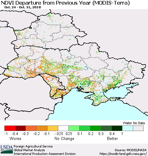 Ukraine, Moldova and Belarus NDVI Departure from Previous Year (Terra-MODIS) Thematic Map For 10/21/2018 - 10/31/2018
