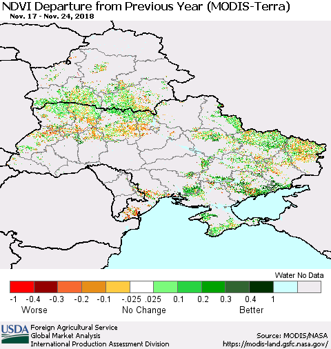 Ukraine, Moldova and Belarus NDVI Departure from Previous Year (Terra-MODIS) Thematic Map For 11/21/2018 - 11/30/2018