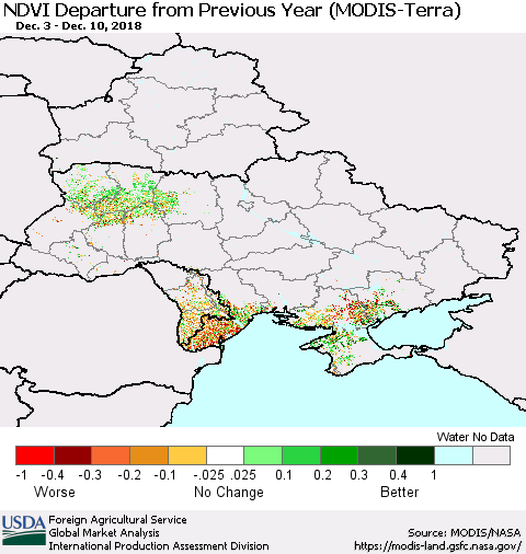 Ukraine, Moldova and Belarus NDVI Departure from Previous Year (Terra-MODIS) Thematic Map For 12/1/2018 - 12/10/2018