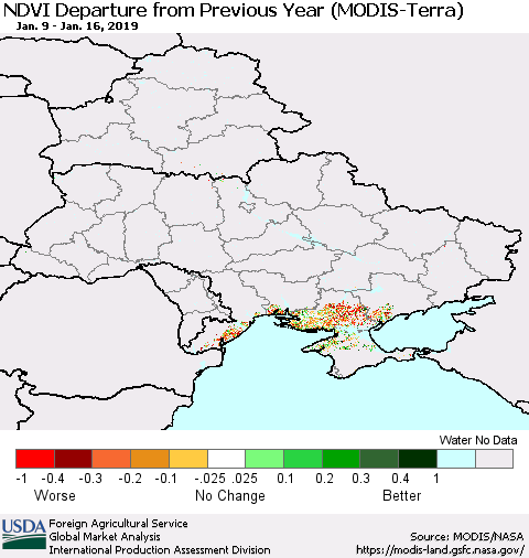Ukraine, Moldova and Belarus NDVI Departure from Previous Year (Terra-MODIS) Thematic Map For 1/11/2019 - 1/20/2019