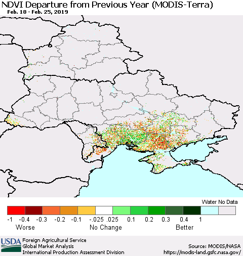 Ukraine, Moldova and Belarus NDVI Departure from Previous Year (Terra-MODIS) Thematic Map For 2/21/2019 - 2/28/2019