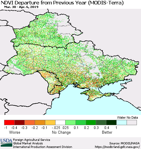 Ukraine, Moldova and Belarus NDVI Departure from Previous Year (Terra-MODIS) Thematic Map For 4/1/2019 - 4/10/2019