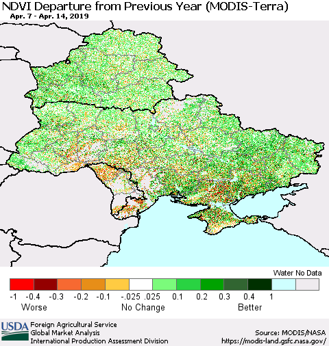 Ukraine, Moldova and Belarus NDVI Departure from Previous Year (Terra-MODIS) Thematic Map For 4/11/2019 - 4/20/2019