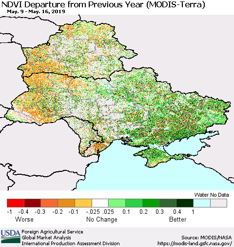 Ukraine, Moldova and Belarus NDVI Departure from Previous Year (Terra-MODIS) Thematic Map For 5/11/2019 - 5/20/2019