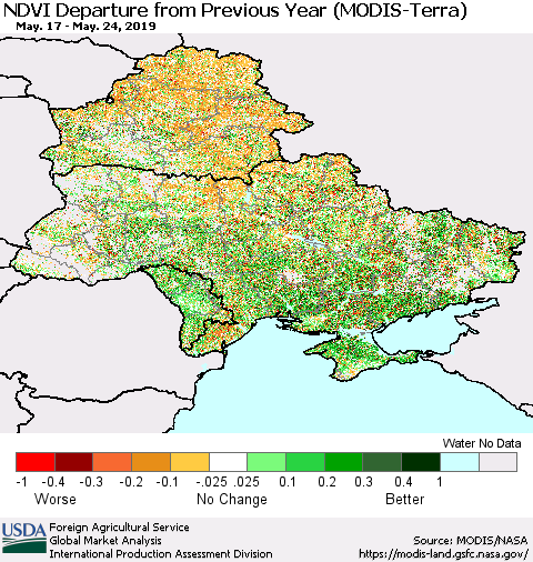 Ukraine, Moldova and Belarus NDVI Departure from Previous Year (Terra-MODIS) Thematic Map For 5/21/2019 - 5/31/2019