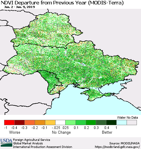 Ukraine, Moldova and Belarus NDVI Departure from Previous Year (Terra-MODIS) Thematic Map For 6/1/2019 - 6/10/2019