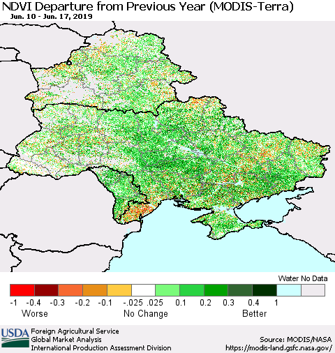 Ukraine, Moldova and Belarus NDVI Departure from Previous Year (Terra-MODIS) Thematic Map For 6/11/2019 - 6/20/2019