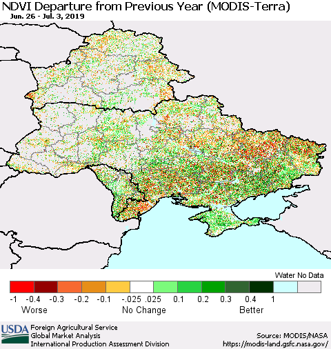 Ukraine, Moldova and Belarus NDVI Departure from Previous Year (Terra-MODIS) Thematic Map For 7/1/2019 - 7/10/2019