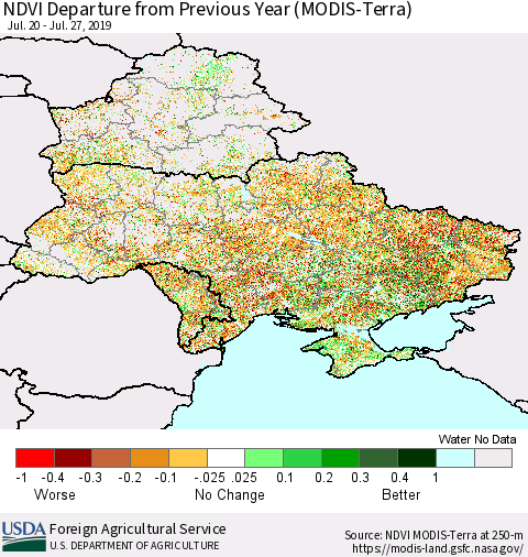 Ukraine, Moldova and Belarus NDVI Departure from Previous Year (Terra-MODIS) Thematic Map For 7/21/2019 - 7/31/2019