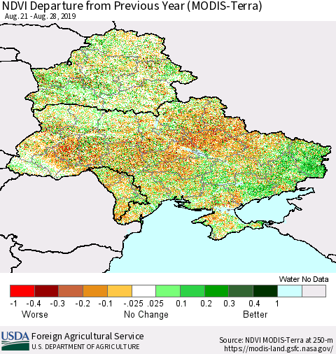 Ukraine, Moldova and Belarus NDVI Departure from Previous Year (Terra-MODIS) Thematic Map For 8/21/2019 - 8/31/2019