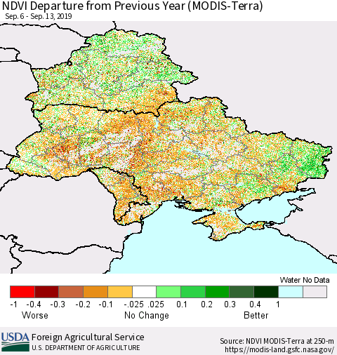 Ukraine, Moldova and Belarus NDVI Departure from Previous Year (Terra-MODIS) Thematic Map For 9/11/2019 - 9/20/2019