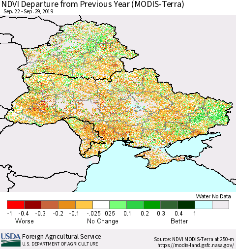 Ukraine, Moldova and Belarus NDVI Departure from Previous Year (Terra-MODIS) Thematic Map For 9/21/2019 - 9/30/2019
