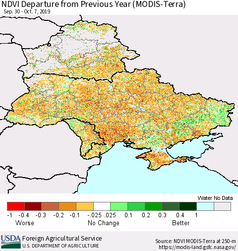 Ukraine, Moldova and Belarus NDVI Departure from Previous Year (Terra-MODIS) Thematic Map For 10/1/2019 - 10/10/2019