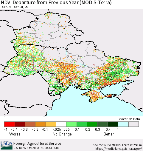Ukraine, Moldova and Belarus NDVI Departure from Previous Year (Terra-MODIS) Thematic Map For 10/21/2019 - 10/31/2019