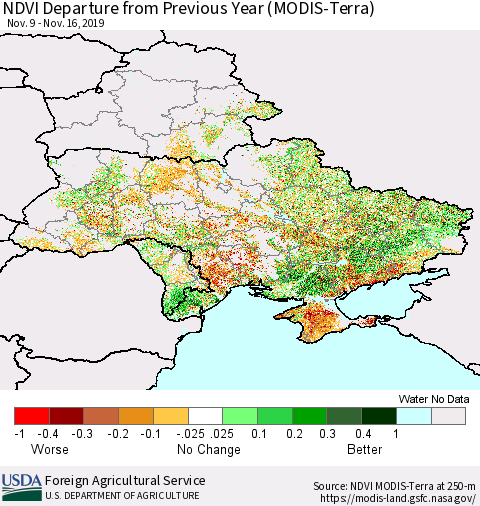 Ukraine, Moldova and Belarus NDVI Departure from Previous Year (Terra-MODIS) Thematic Map For 11/11/2019 - 11/20/2019