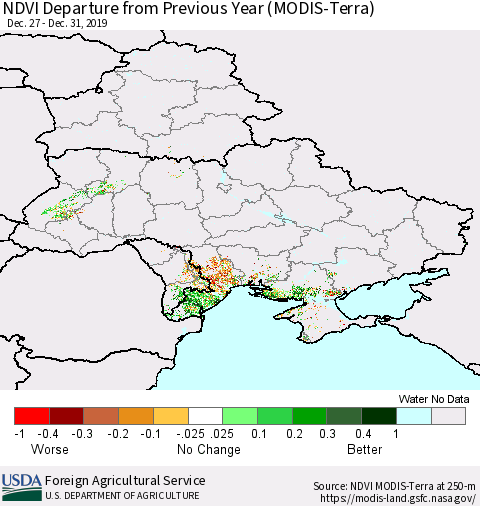 Ukraine, Moldova and Belarus NDVI Departure from Previous Year (Terra-MODIS) Thematic Map For 12/21/2019 - 12/31/2019