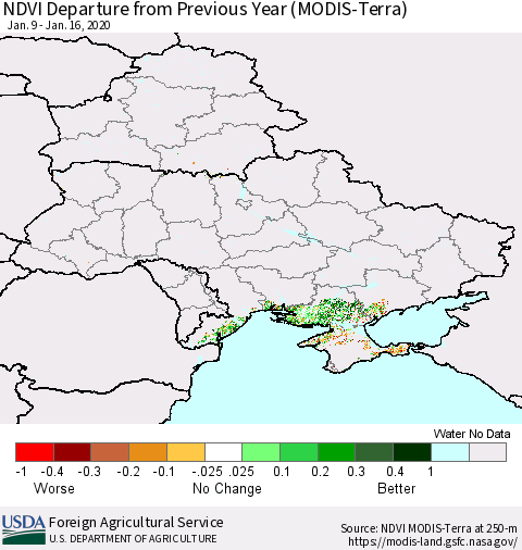 Ukraine, Moldova and Belarus NDVI Departure from Previous Year (Terra-MODIS) Thematic Map For 1/11/2020 - 1/20/2020