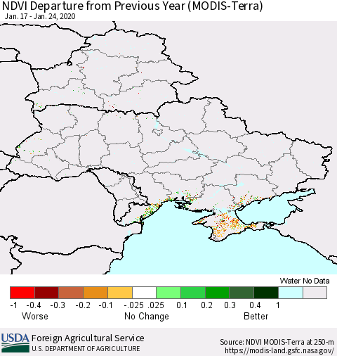 Ukraine, Moldova and Belarus NDVI Departure from Previous Year (Terra-MODIS) Thematic Map For 1/21/2020 - 1/31/2020
