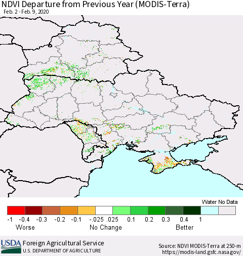 Ukraine, Moldova and Belarus NDVI Departure from Previous Year (Terra-MODIS) Thematic Map For 2/1/2020 - 2/10/2020