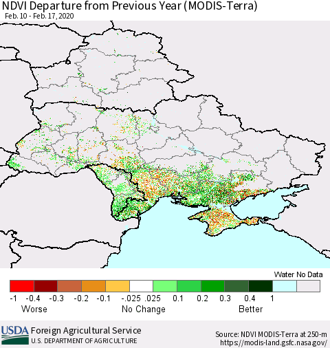 Ukraine, Moldova and Belarus NDVI Departure from Previous Year (Terra-MODIS) Thematic Map For 2/11/2020 - 2/20/2020