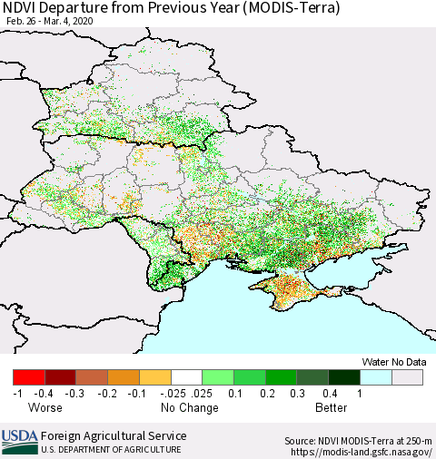 Ukraine, Moldova and Belarus NDVI Departure from Previous Year (Terra-MODIS) Thematic Map For 3/1/2020 - 3/10/2020