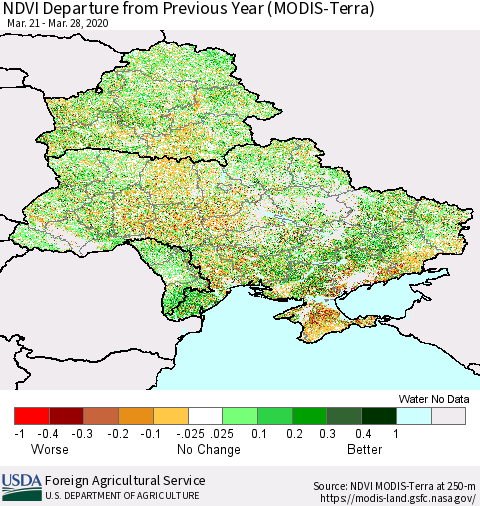 Ukraine, Moldova and Belarus NDVI Departure from Previous Year (Terra-MODIS) Thematic Map For 3/21/2020 - 3/31/2020