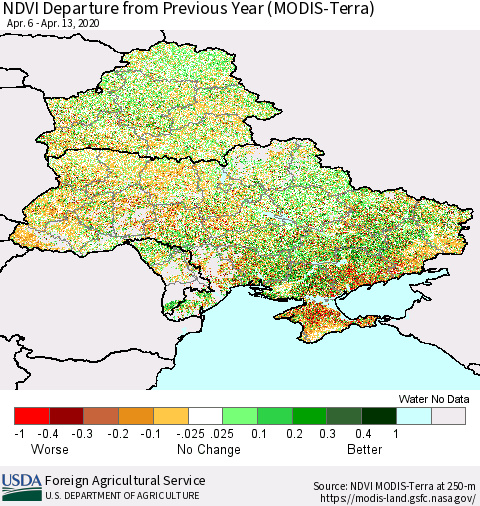 Ukraine, Moldova and Belarus NDVI Departure from Previous Year (Terra-MODIS) Thematic Map For 4/11/2020 - 4/20/2020