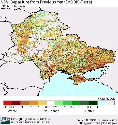 Ukraine, Moldova and Belarus NDVI Departure from Previous Year (Terra-MODIS) Thematic Map For 5/1/2020 - 5/10/2020