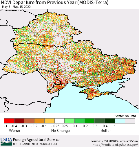 Ukraine, Moldova and Belarus NDVI Departure from Previous Year (Terra-MODIS) Thematic Map For 5/11/2020 - 5/20/2020