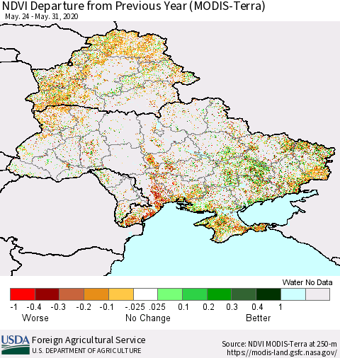 Ukraine, Moldova and Belarus NDVI Departure from Previous Year (Terra-MODIS) Thematic Map For 5/21/2020 - 5/31/2020